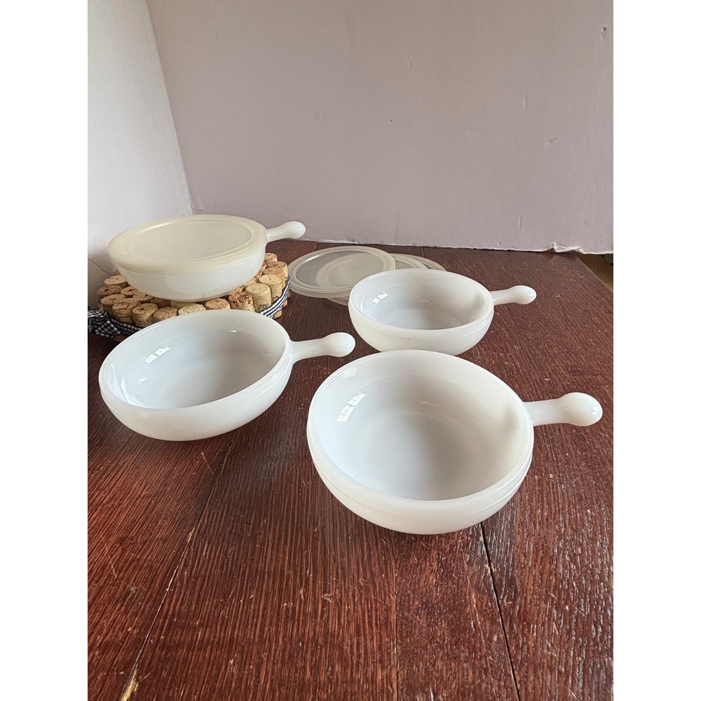 Vintage White Milk Glass Onion Soup Bowls with Lids Set 4 Single Handle Crocks